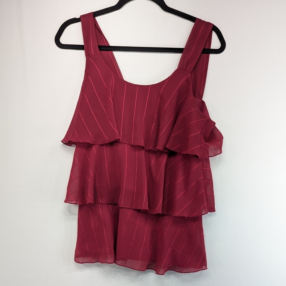 Loft Burgundy Wine Tiered Ruffle Chiffon Tank Top Pinstripe Sleeveless Blouse S